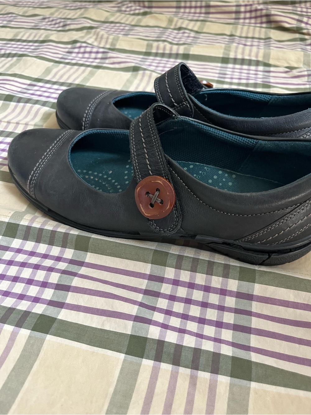 ECCO Leather Mary Jane Comfort Flats Black Strap Button Detail